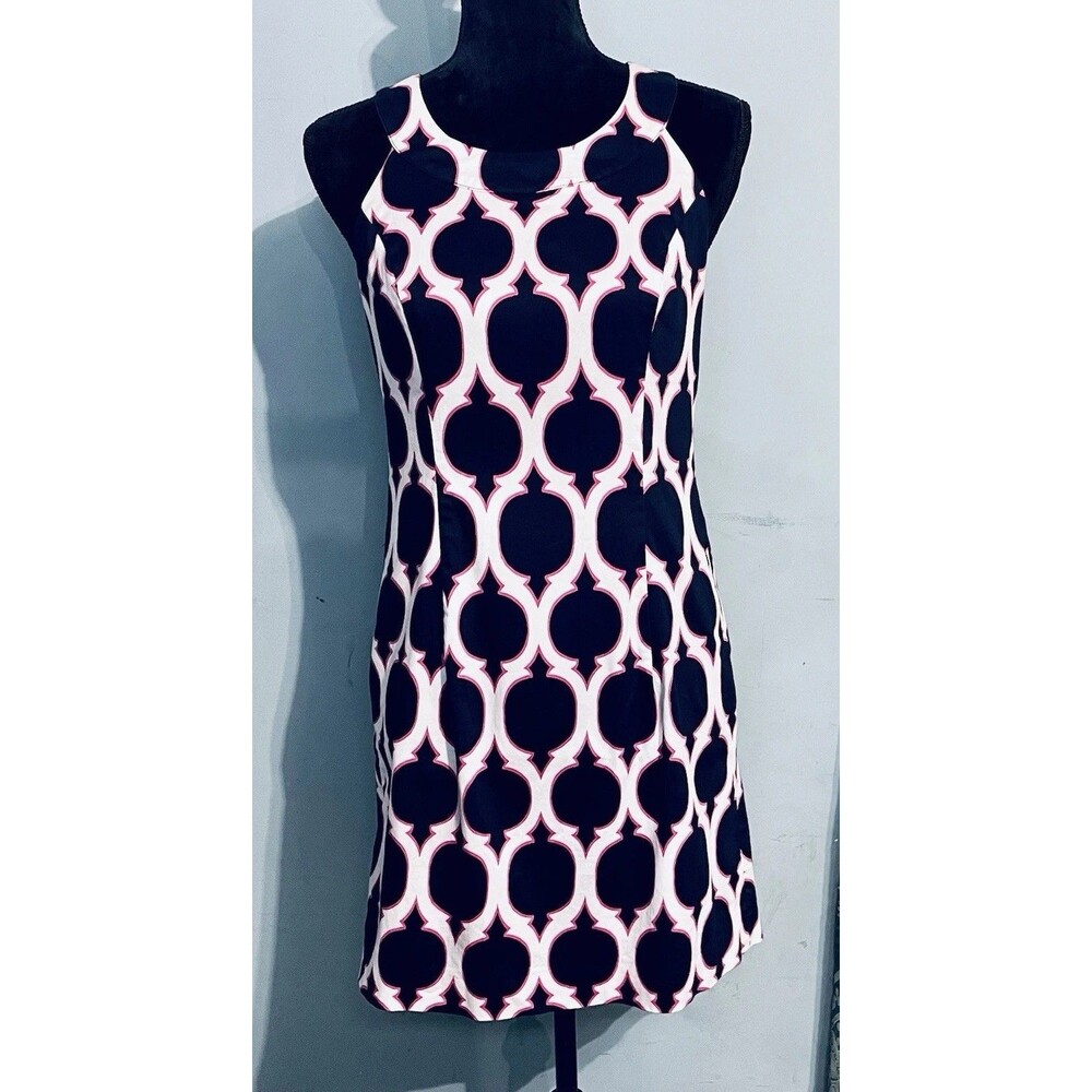 Crown & Ivy Halter Dress 8P Petite Navy Pink Moroccan Trellis Ogee Shift